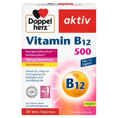 Abbildung der Produktverpackung Doppelherz aktiv Vitamin B12 500 Frontansicht